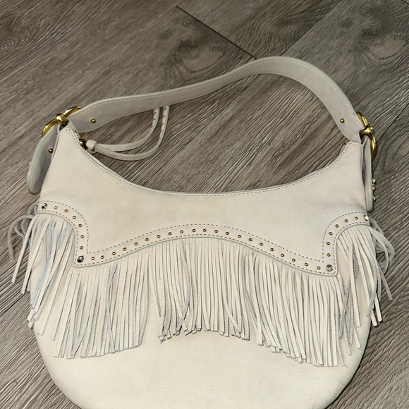 Michael Kors Bone Suede Leather Fringe Western Boho Shoulder Bag Purse - Picture 1 of 14